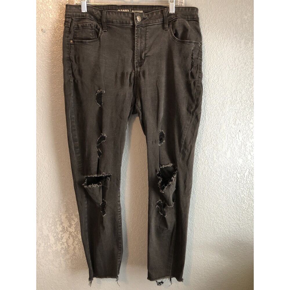 Old Navy Jeans 16 Regular Black Rockstar Mid Rise Distressed Denim Cutoff READ